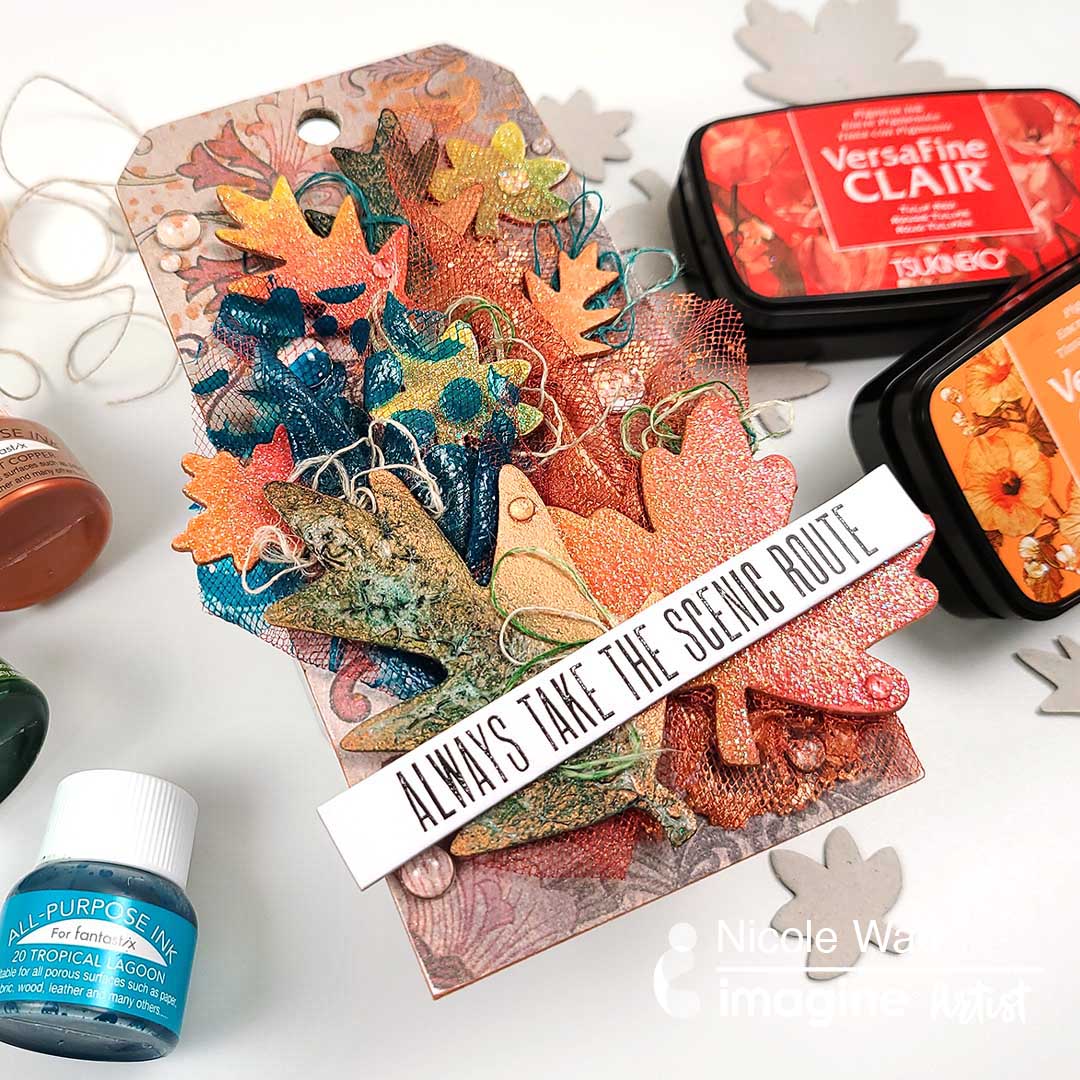 Mixed Media Fall Leaf Tag Décor ft. VersaFine Clair and All Purpose Ink.
